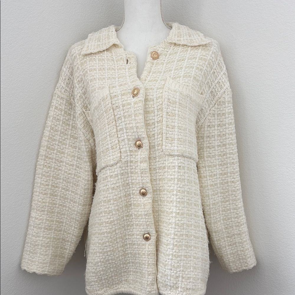Maje Cream Textured Button-Up Cardigan